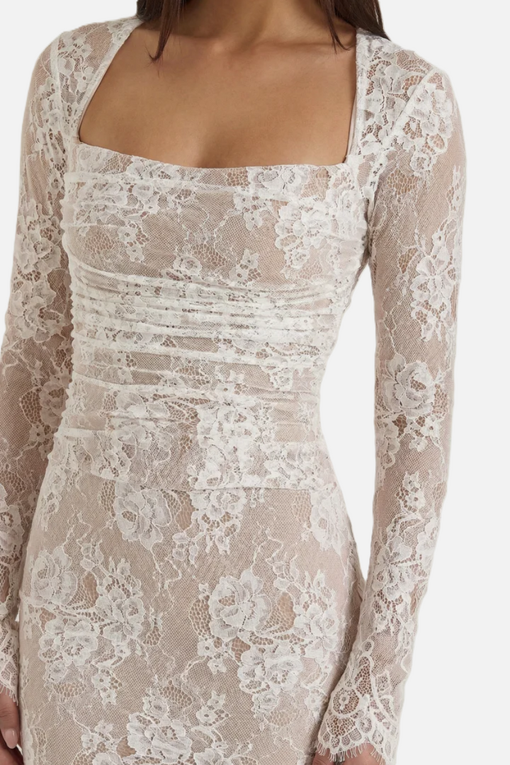 Floral Lace Maxi Dress with Lace-Up Back and Long Sleeve Shrug - Siopie