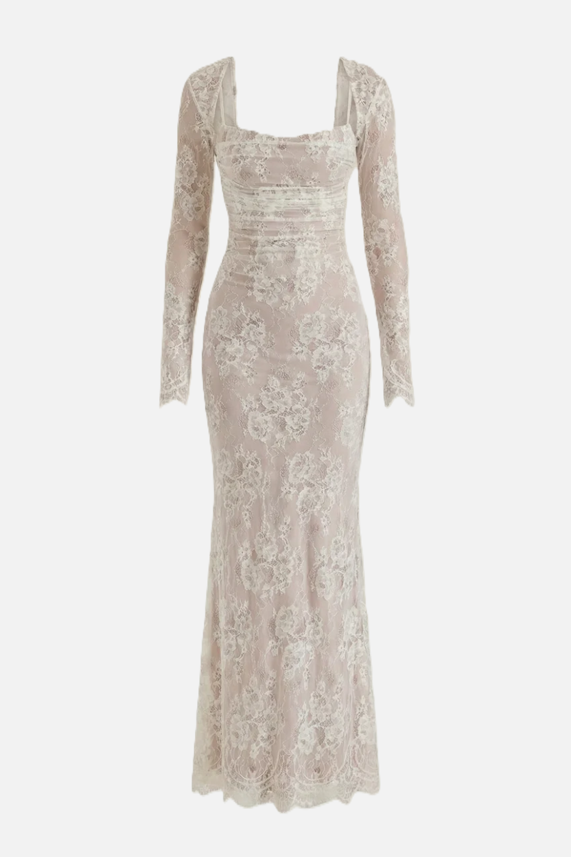 Floral Lace Maxi Dress with Lace-Up Back and Long Sleeve Shrug - Siopie