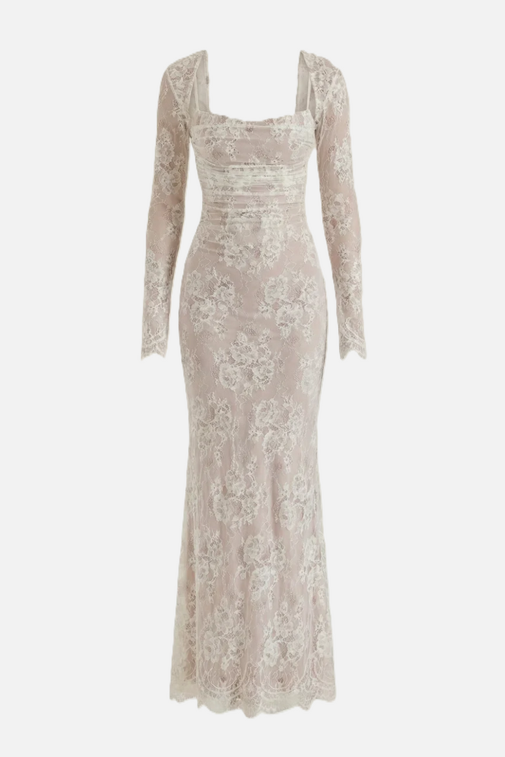Floral Lace Maxi Dress with Lace-Up Back and Long Sleeve Shrug - Siopie