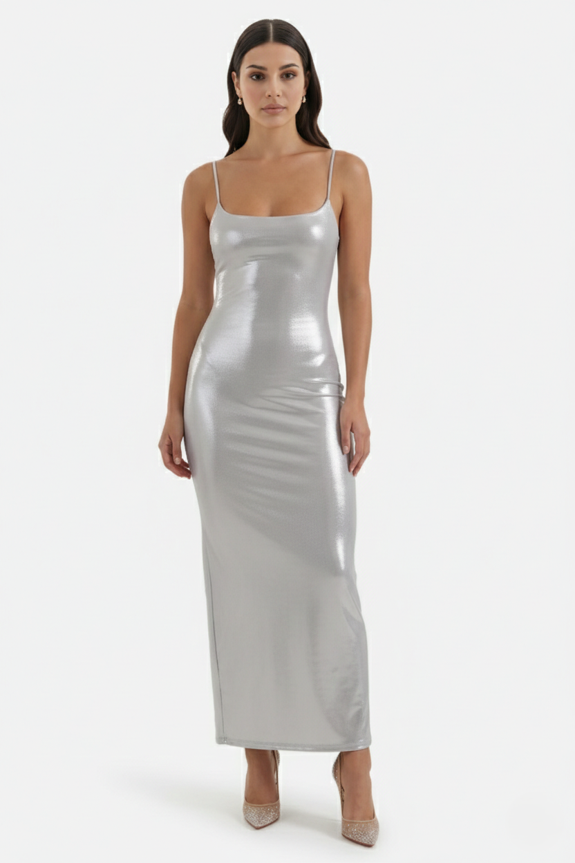 Party Dress Metallic Bodycon with Spaghetti Strap Maxi - Siopie