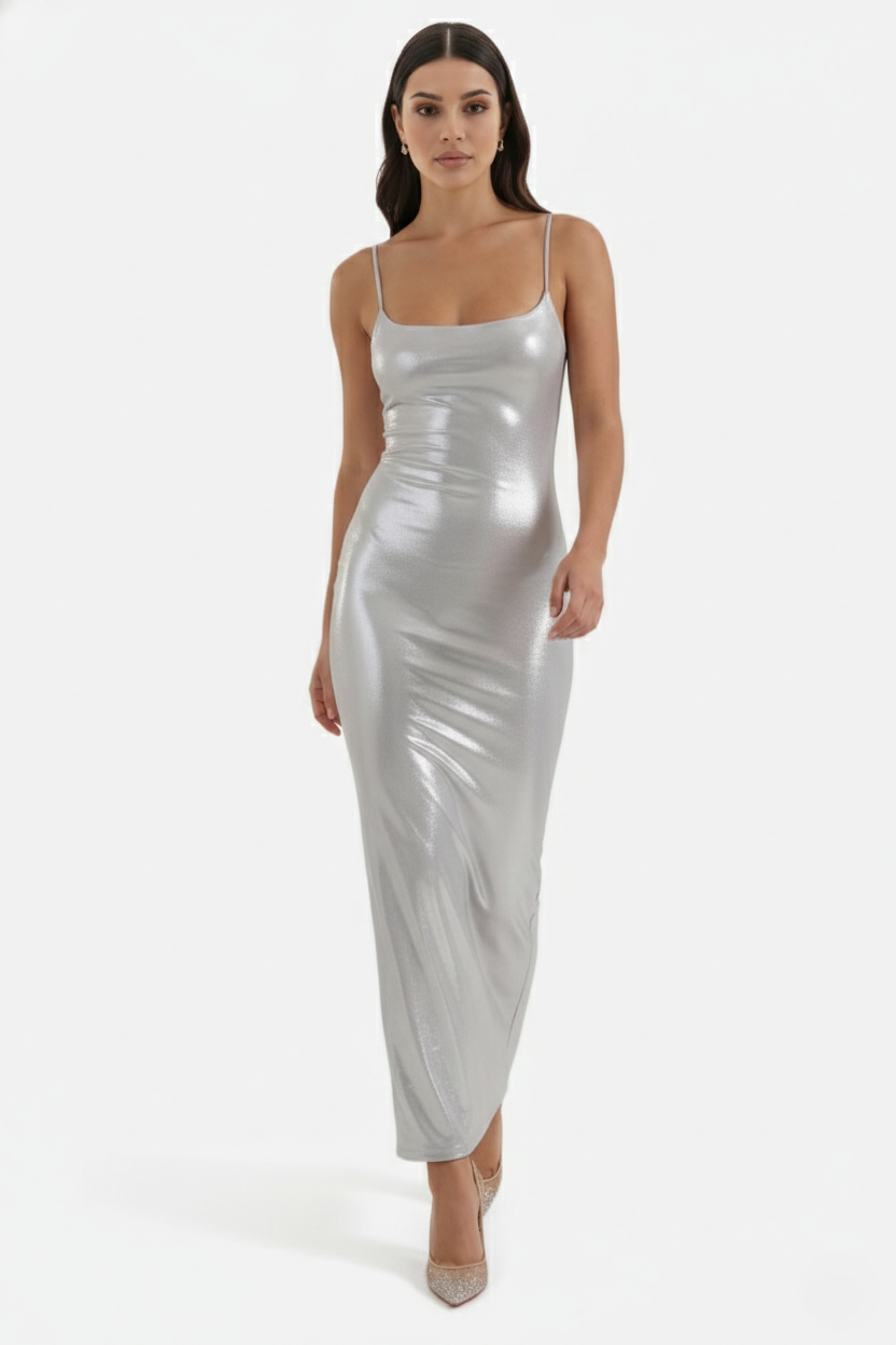 Party Dress Metallic Bodycon with Spaghetti Strap Maxi - Siopie