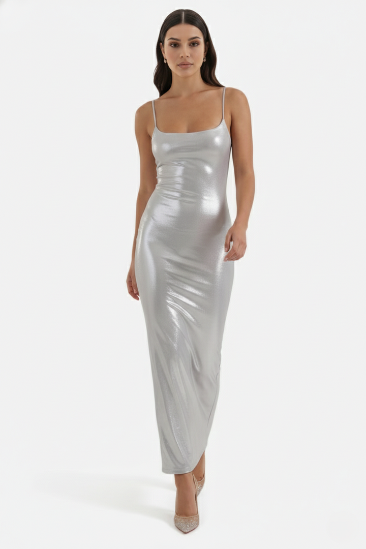 Party Dress Metallic Bodycon with Spaghetti Strap Maxi - Siopie