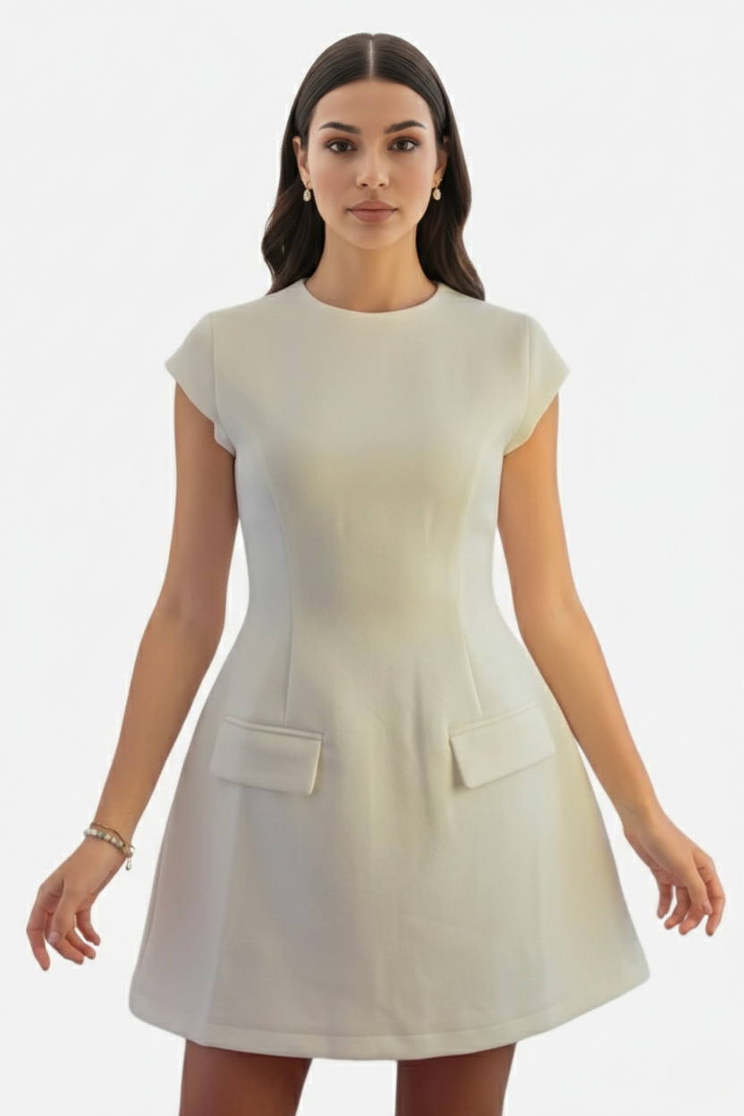 Mock Neck Fit Flare Mini Dress with Cap Sleeves and Flap Pockets - Siopie
