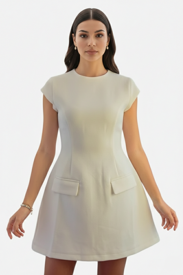 Mock Neck Fit Flare Mini Dress with Cap Sleeves and Flap Pockets - Siopie
