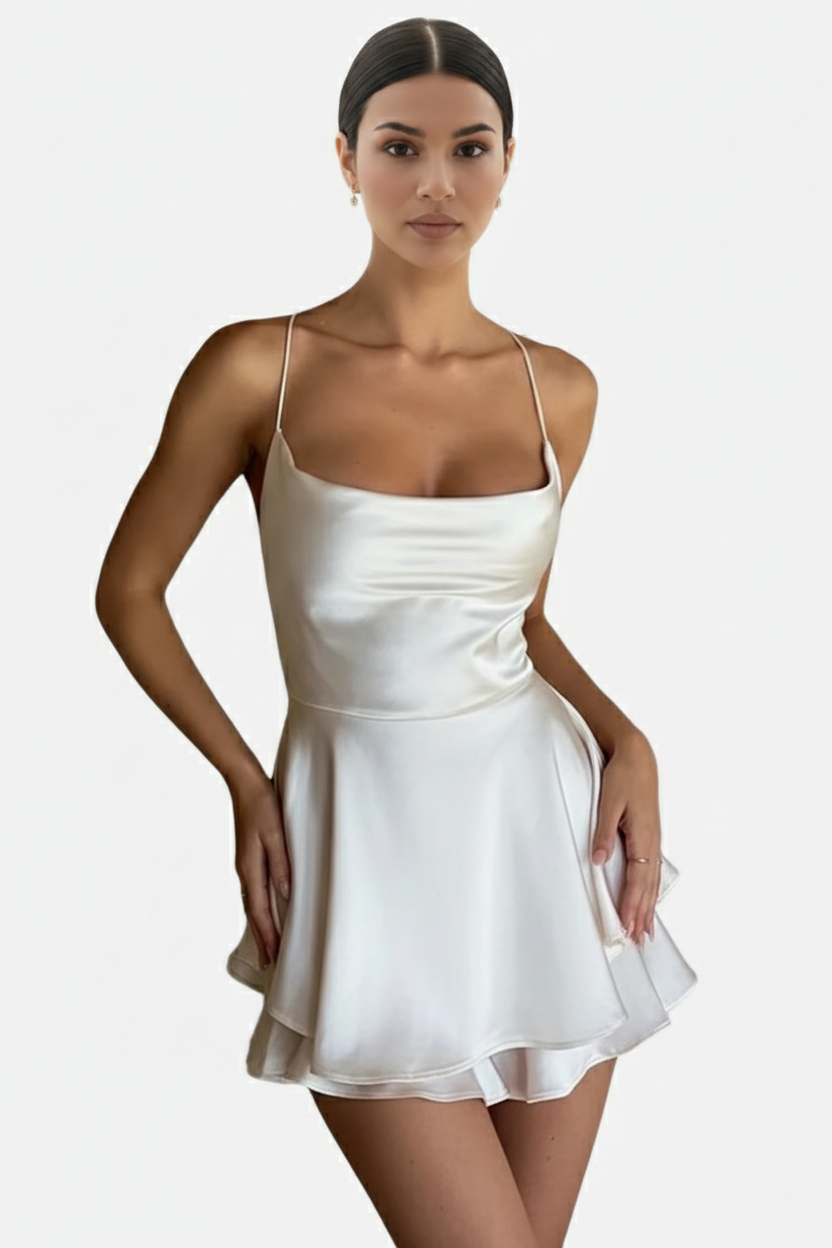 Satin Spaghetti Strap Tiered Mini Dress with Lace Up Back - Siopie