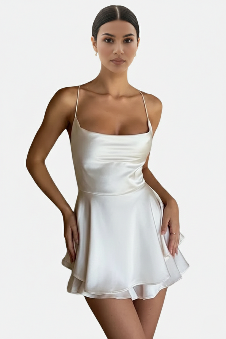 Satin Spaghetti Strap Tiered Mini Dress with Lace Up Back - Siopie