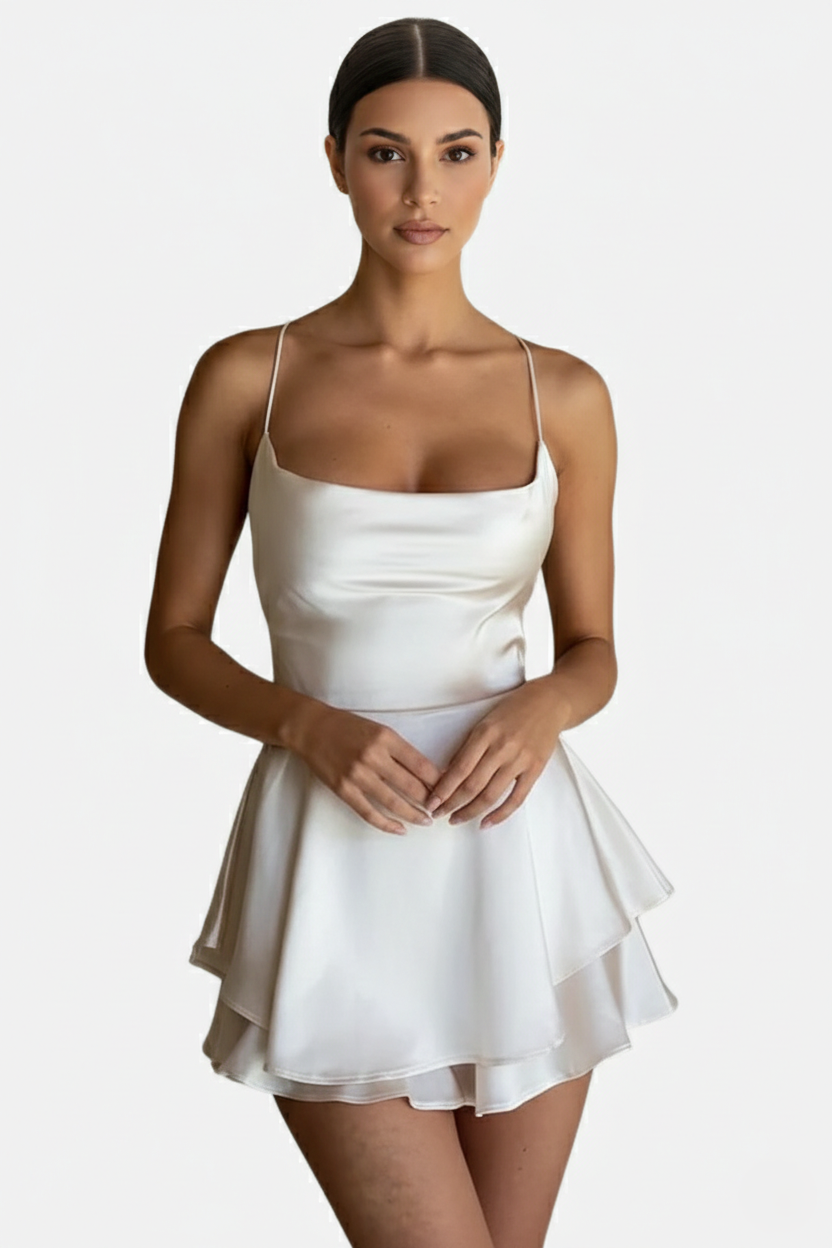 Satin Spaghetti Strap Tiered Mini Dress with Lace Up Back - Siopie