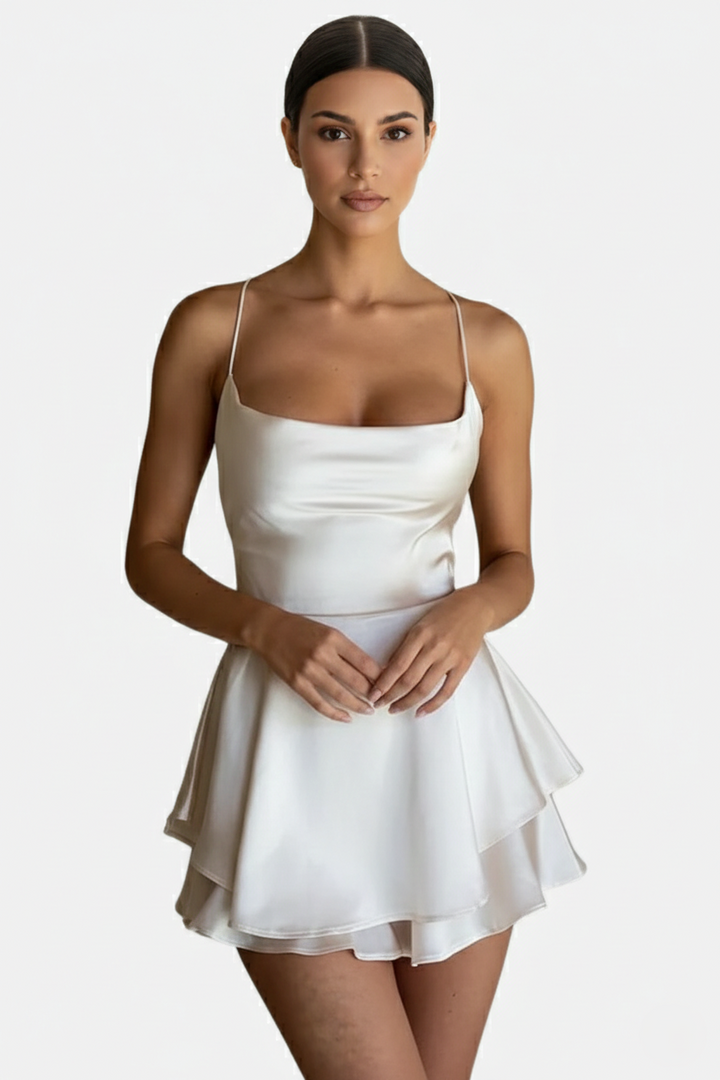 Satin Spaghetti Strap Tiered Mini Dress with Lace Up Back - Siopie