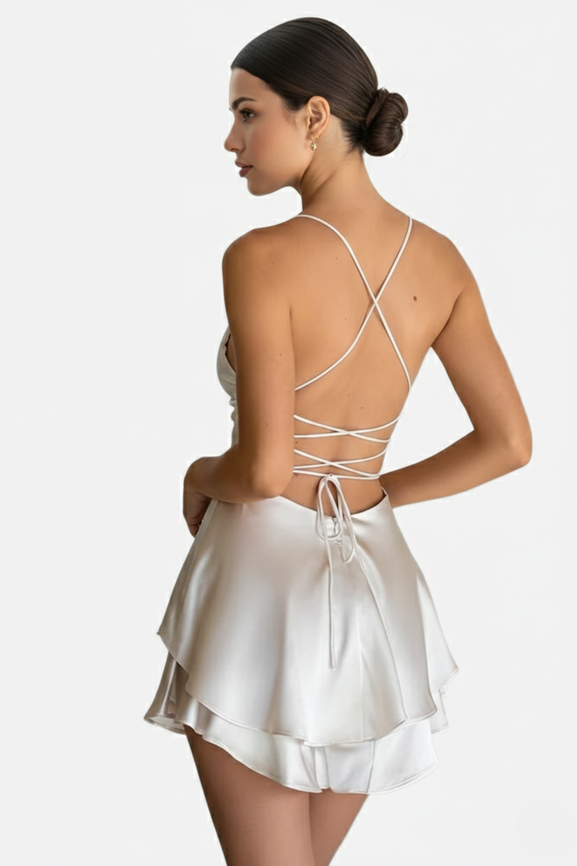 Satin Spaghetti Strap Tiered Mini Dress with Lace Up Back - Siopie