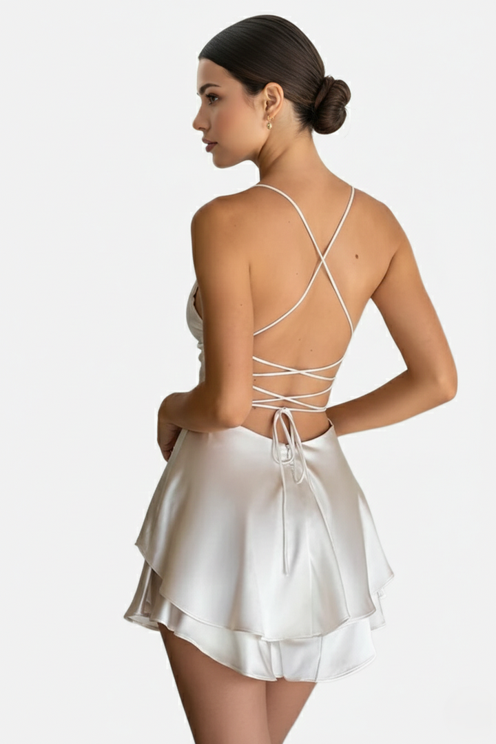 Satin Spaghetti Strap Tiered Mini Dress with Lace Up Back - Siopie
