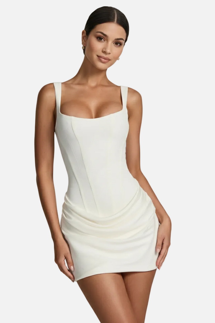 Square Neck Bodycon Mini Dress with Ruched Draped Skirt - Siopie