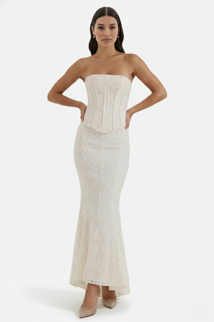 Strapless Corset Top and Embroidered Mermaid Maxi Skirt Set - Siopie