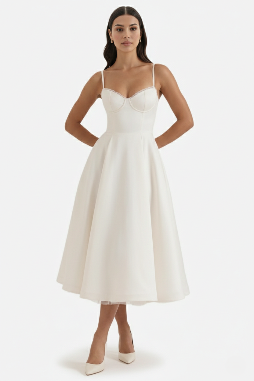 Sweetheart Bustier Midi Dress with Full Circle Skirt and Tulle Hem - Siopie
