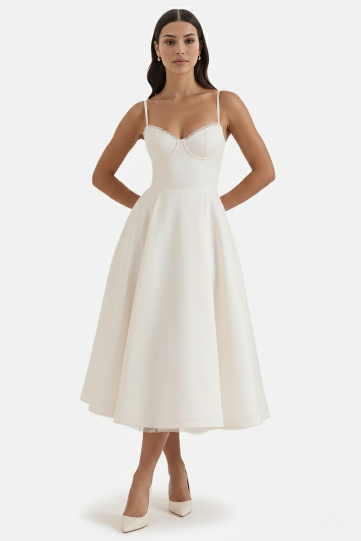 Sweetheart Bustier Midi Dress with Full Circle Skirt and Tulle Hem - Siopie