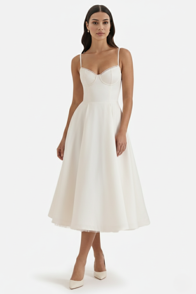 Sweetheart Bustier Midi Dress with Full Circle Skirt and Tulle Hem - Siopie