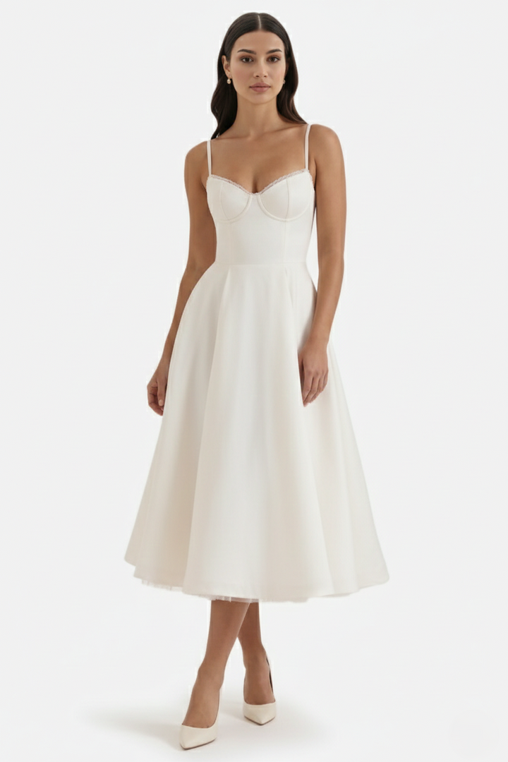Sweetheart Bustier Midi Dress with Full Circle Skirt and Tulle Hem - Siopie