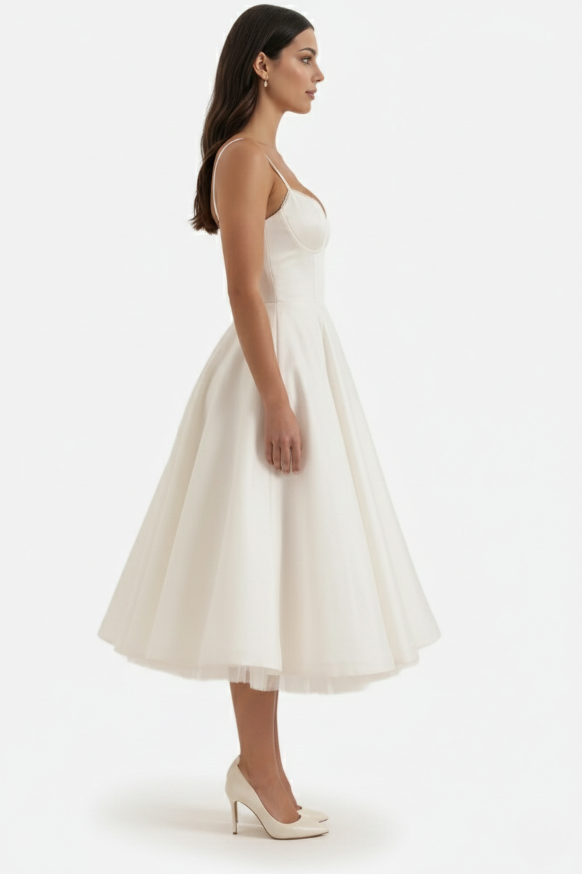 Sweetheart Bustier Midi Dress with Full Circle Skirt and Tulle Hem - Siopie