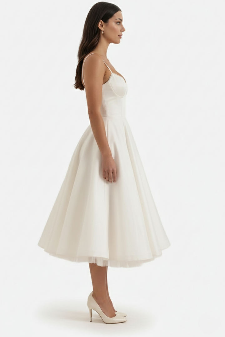 Sweetheart Bustier Midi Dress with Full Circle Skirt and Tulle Hem - Siopie