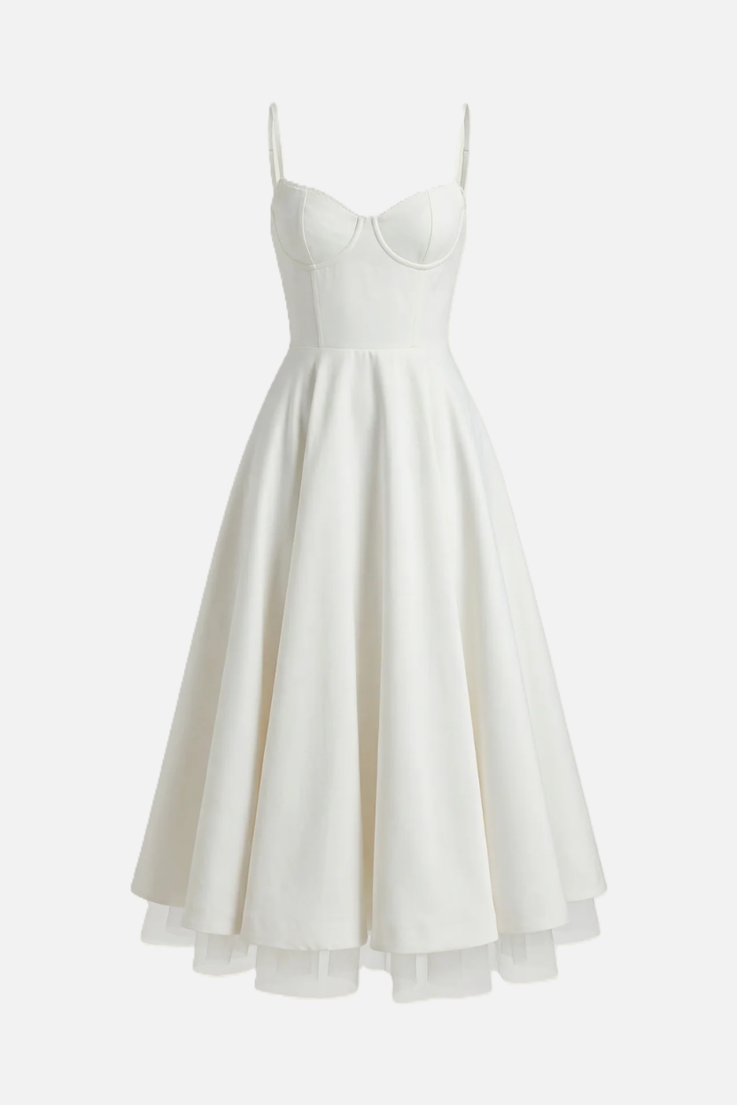 Sweetheart Bustier Midi Dress with Full Circle Skirt and Tulle Hem - Siopie