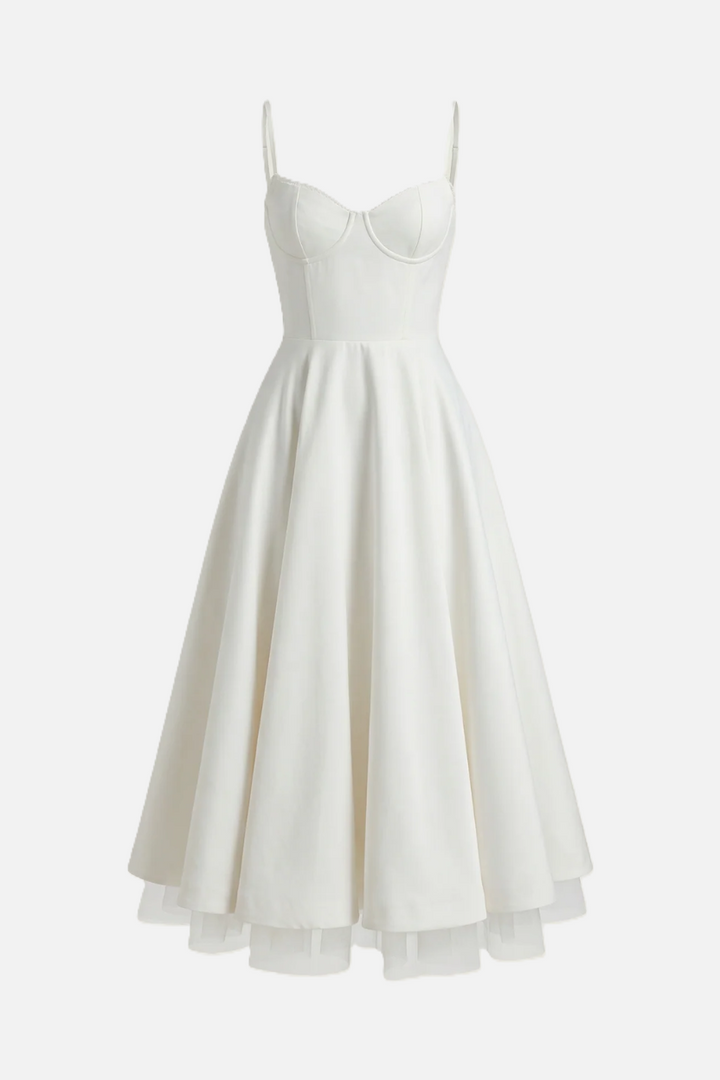 Sweetheart Bustier Midi Dress with Full Circle Skirt and Tulle Hem - Siopie