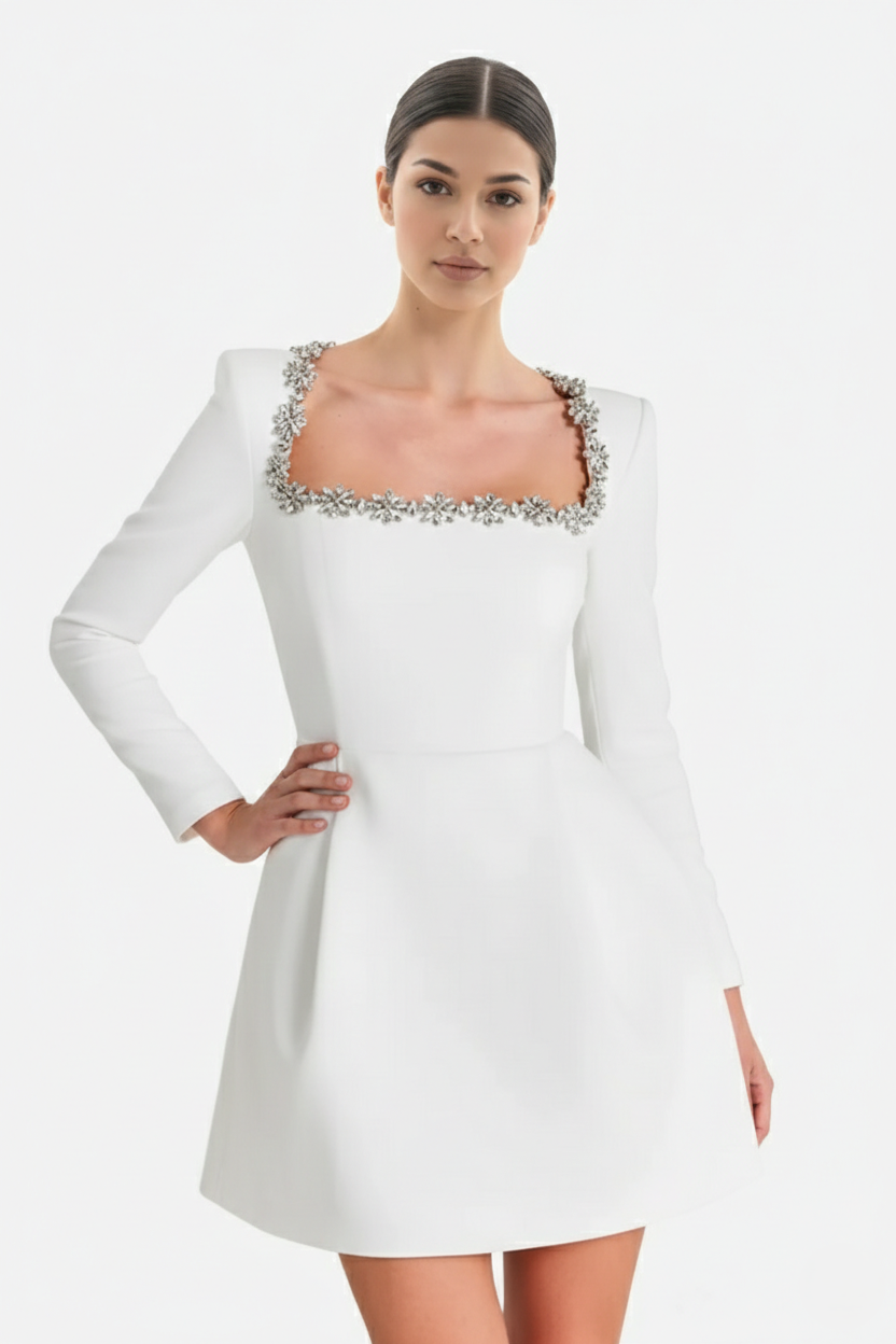 Cocktail Dress Velvet Floral Crystal Embellished Trim Long Sleeve - Siopie