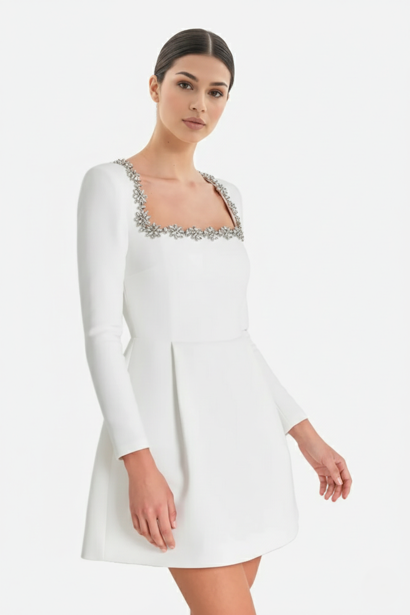 Cocktail Dress Velvet Floral Crystal Embellished Trim Long Sleeve - Siopie