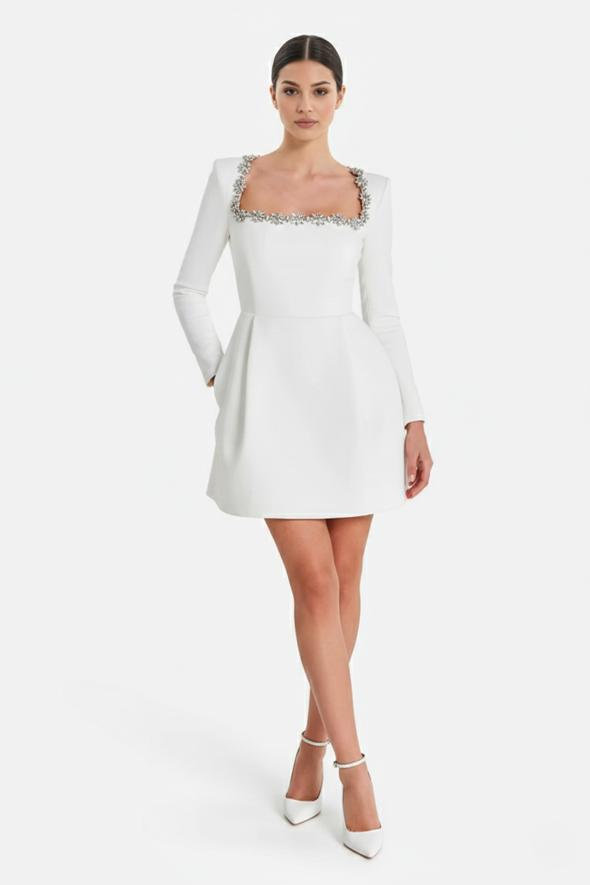 Cocktail Dress Velvet Floral Crystal Embellished Trim Long Sleeve - Siopie