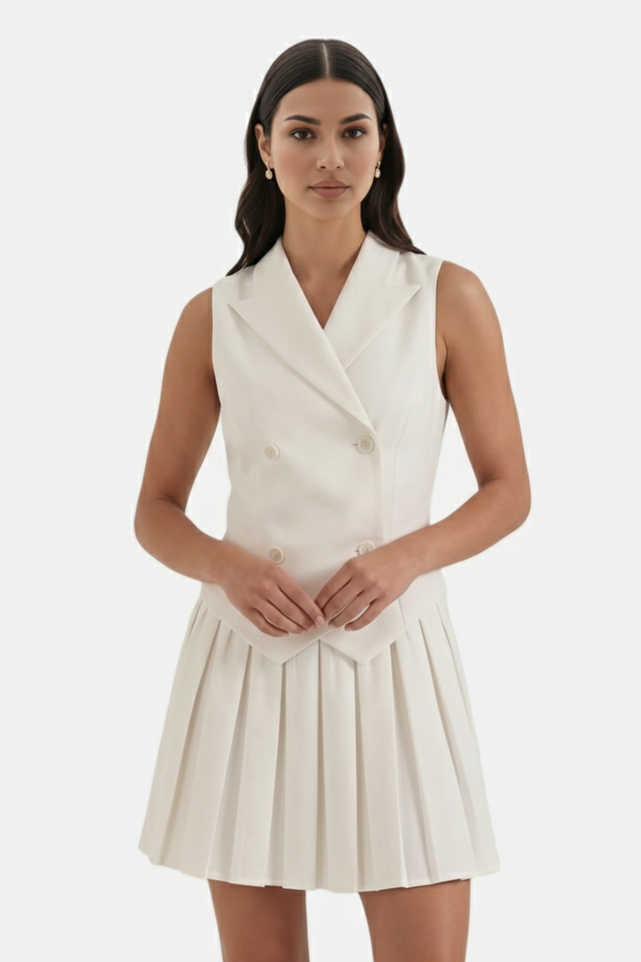 Double-Breasted Waistcoat Pleated Mini Dress - Siopie