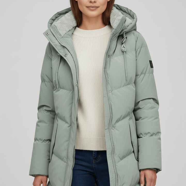 Sorvienne Hooded Longline Padded Parka in Sage Green