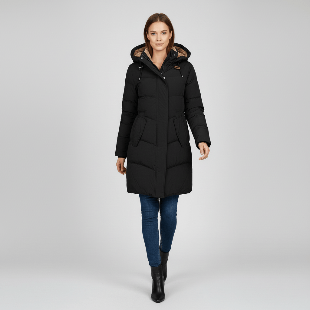 Sorvienne Hooded Longline Padded Parka in Black