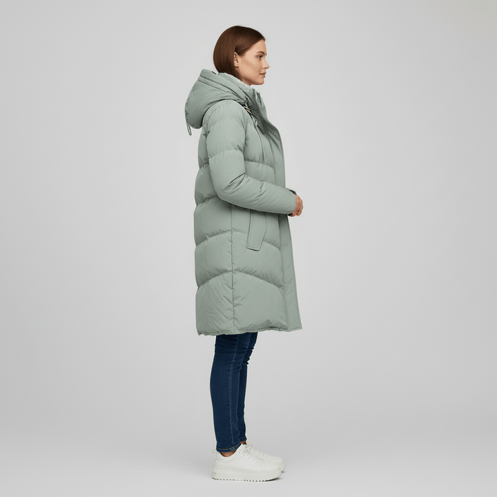 Sorvienne Hooded Longline Padded Parka in Sage Green