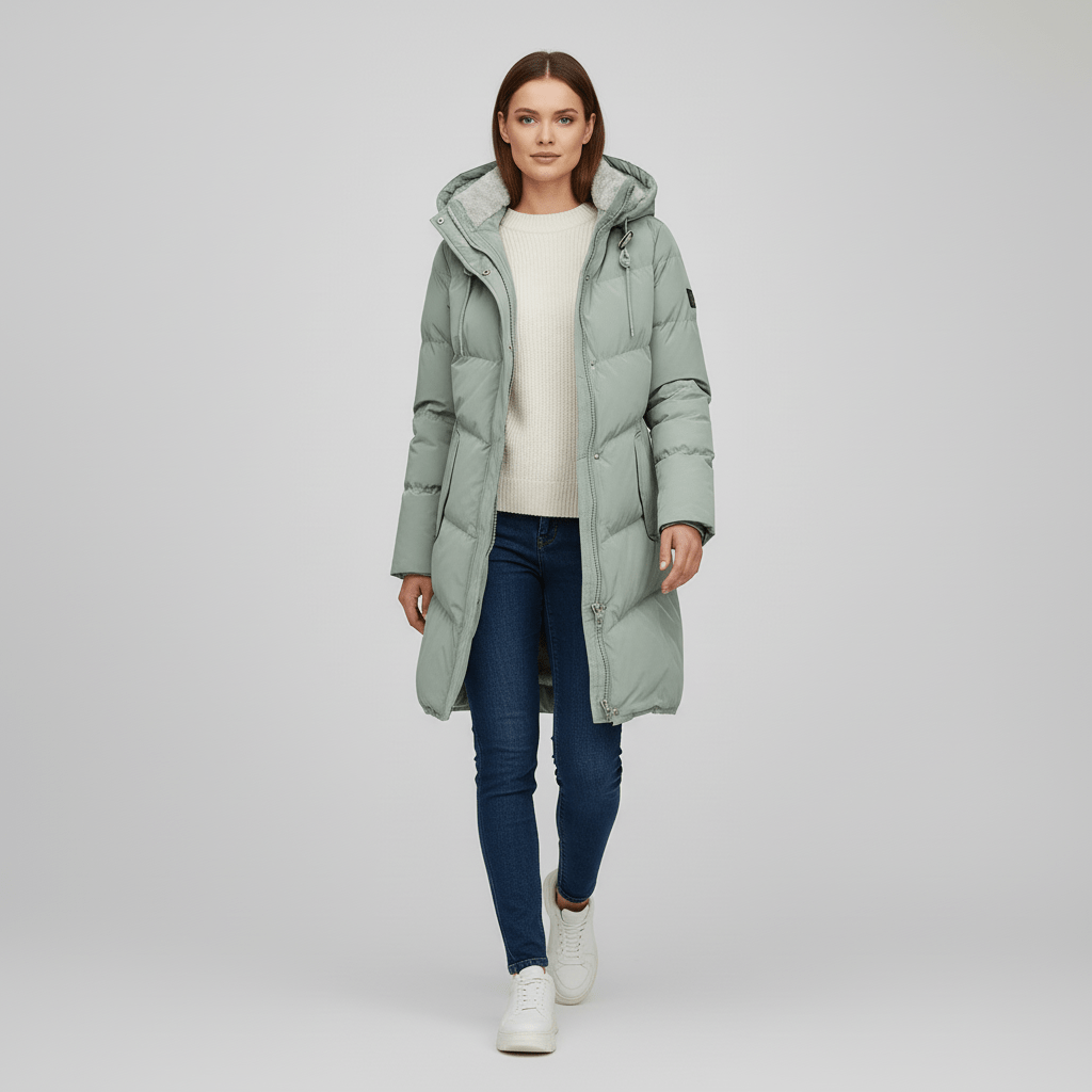 Sorvienne Hooded Longline Padded Parka in Sage Green