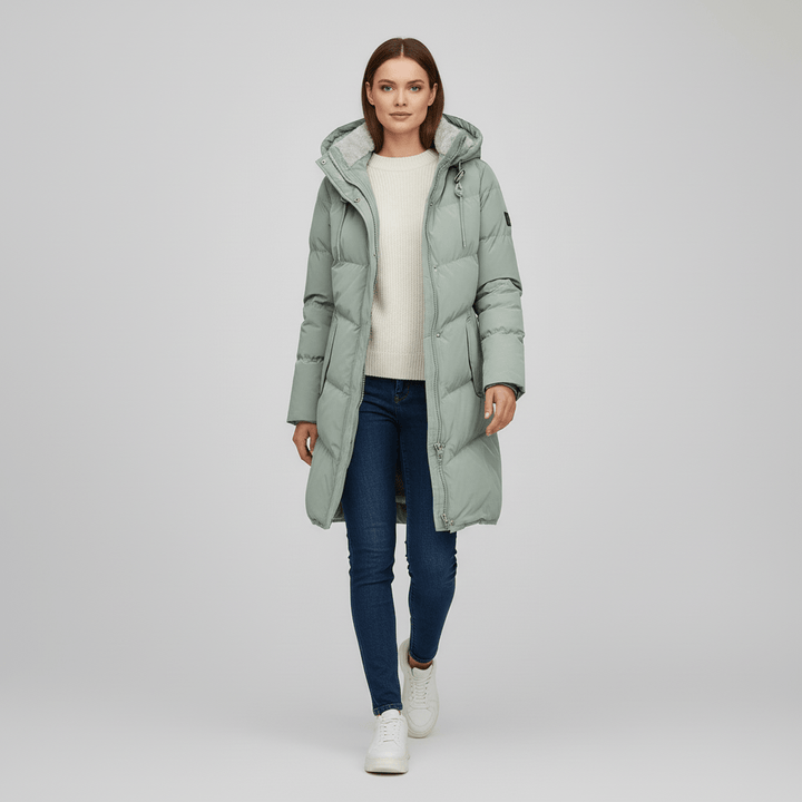 Sorvienne Hooded Longline Padded Parka in Sage Green
