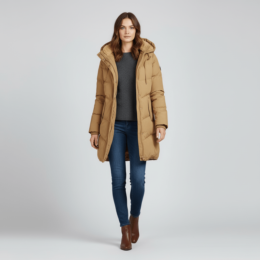 Sorvienne Hooded Longline Padded Parka in Camel