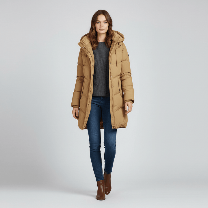 Sorvienne Hooded Longline Padded Parka in Camel