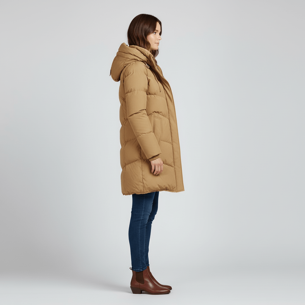 Sorvienne Hooded Longline Padded Parka in Camel