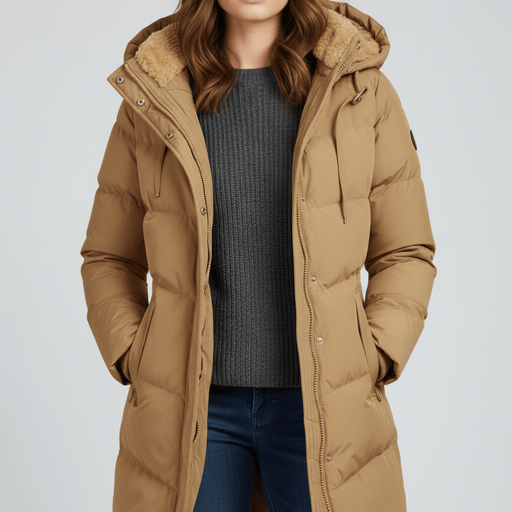 Sorvienne Hooded Longline Padded Parka in Camel