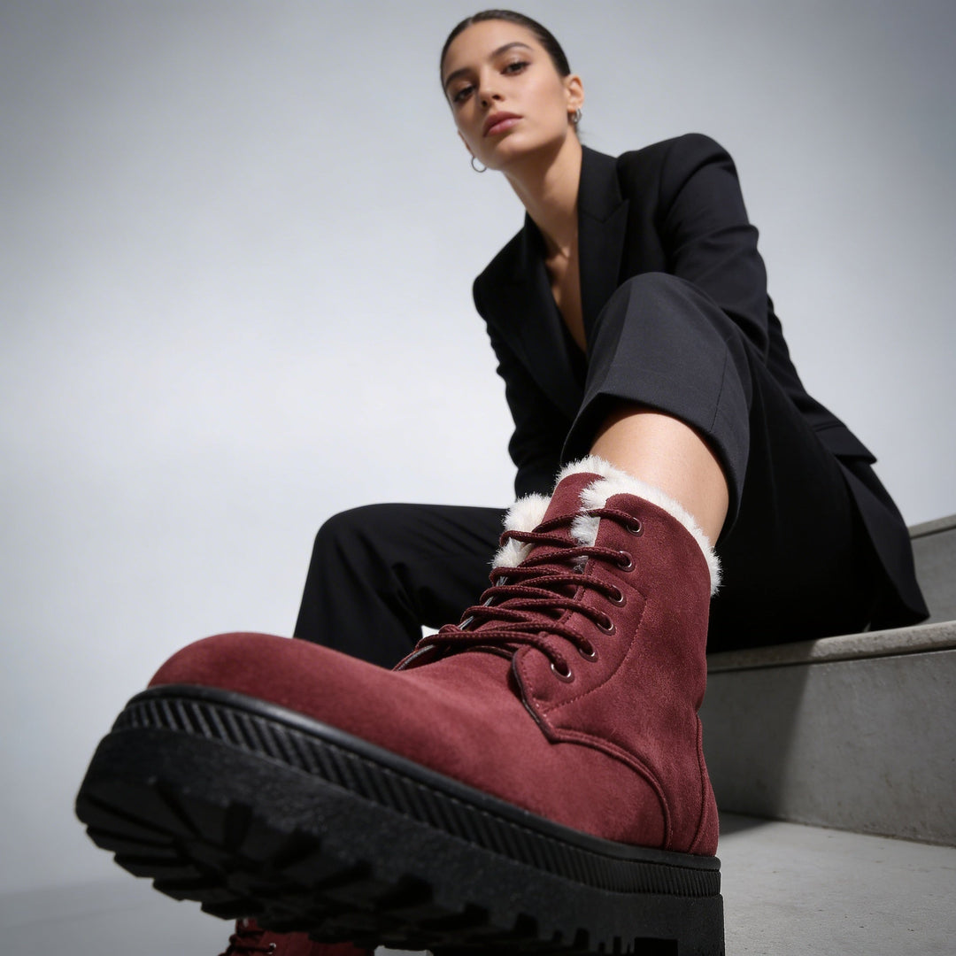 Sorvienne Faux Fur Lined Lace Up Snow Boots in Burgundy