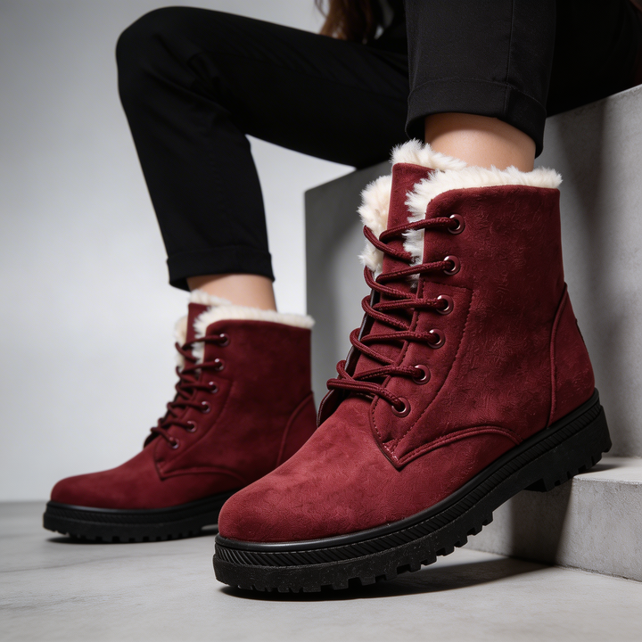 Sorvienne Faux Fur Lined Lace Up Snow Boots in Burgundy