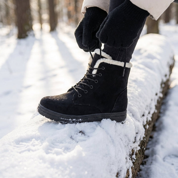Sorvienne Faux Fur Lined Lace Up Snow Boots in Black