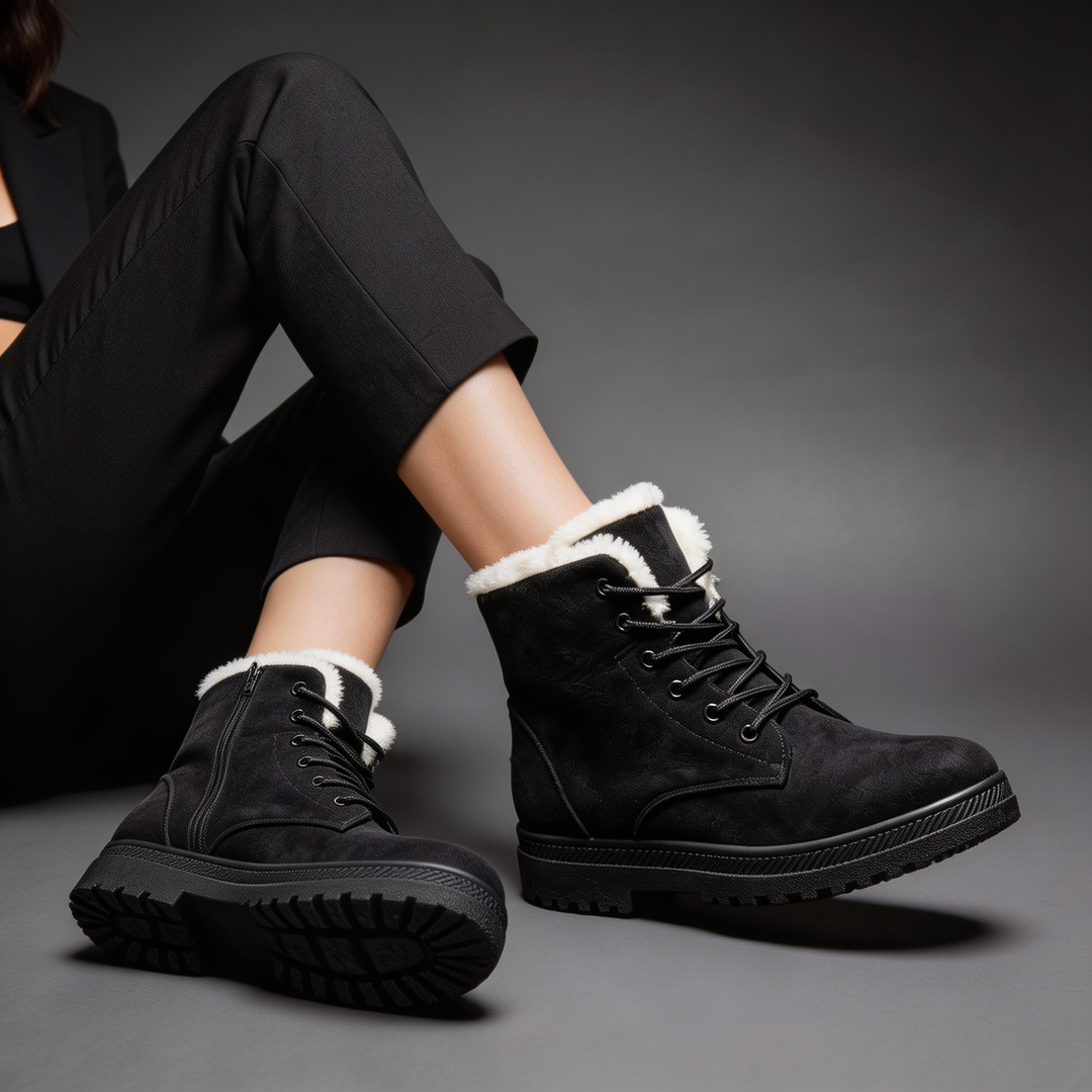 Sorvienne Faux Fur Lined Lace Up Snow Boots in Black