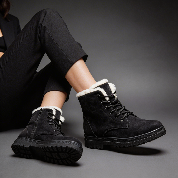 Sorvienne Faux Fur Lined Lace Up Snow Boots in Black