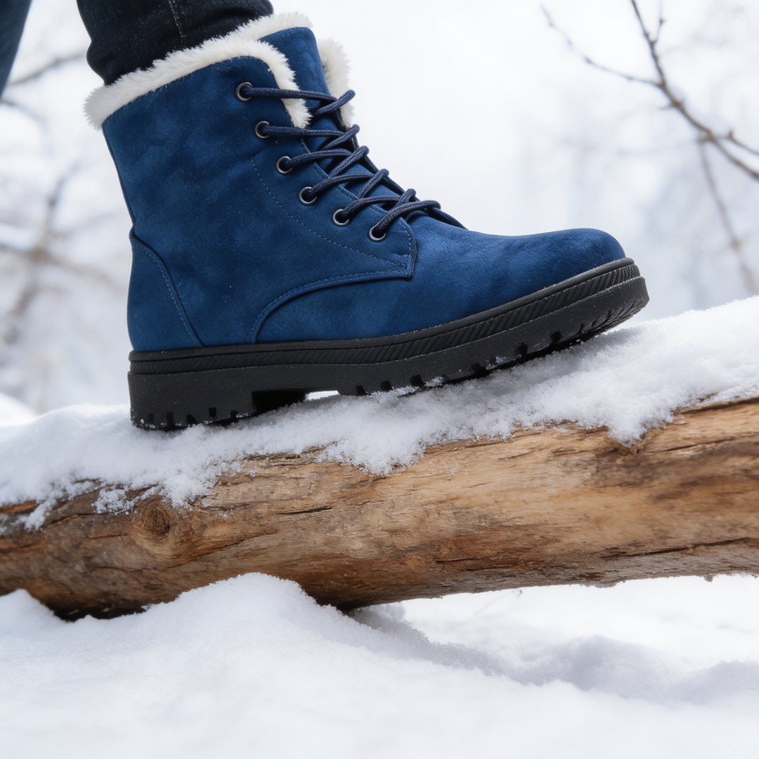 Sorvienne Faux Fur Lined Lace Up Snow Boots in Navy