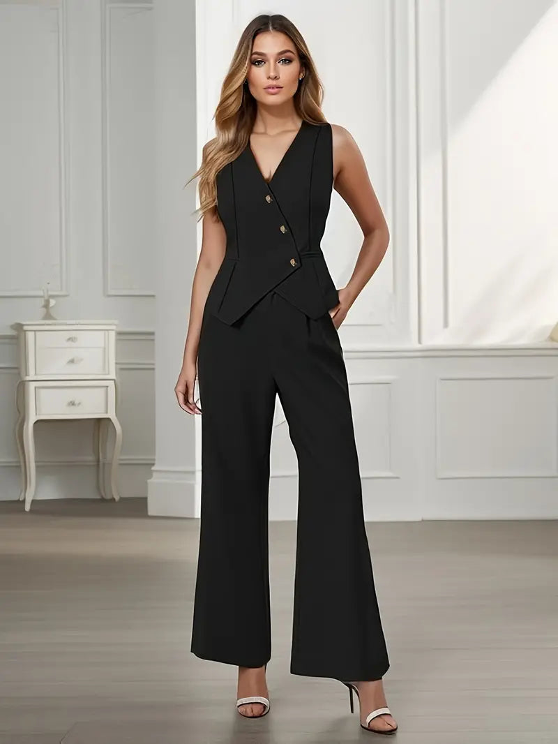 Sorvienne Women's Tailored Vest Wide Leg Trouser Set