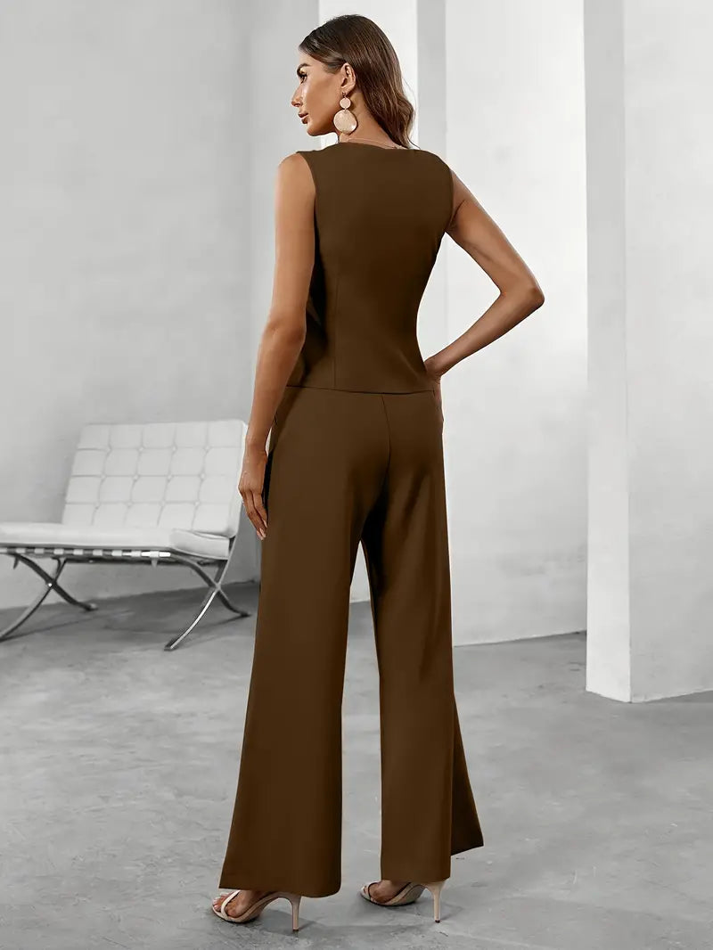 Sorvienne Women's Tailored Vest Wide Leg Trouser Set