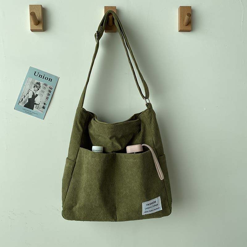 Sorvienne Large Front Pocket Cord Shoulder Bag in Olive