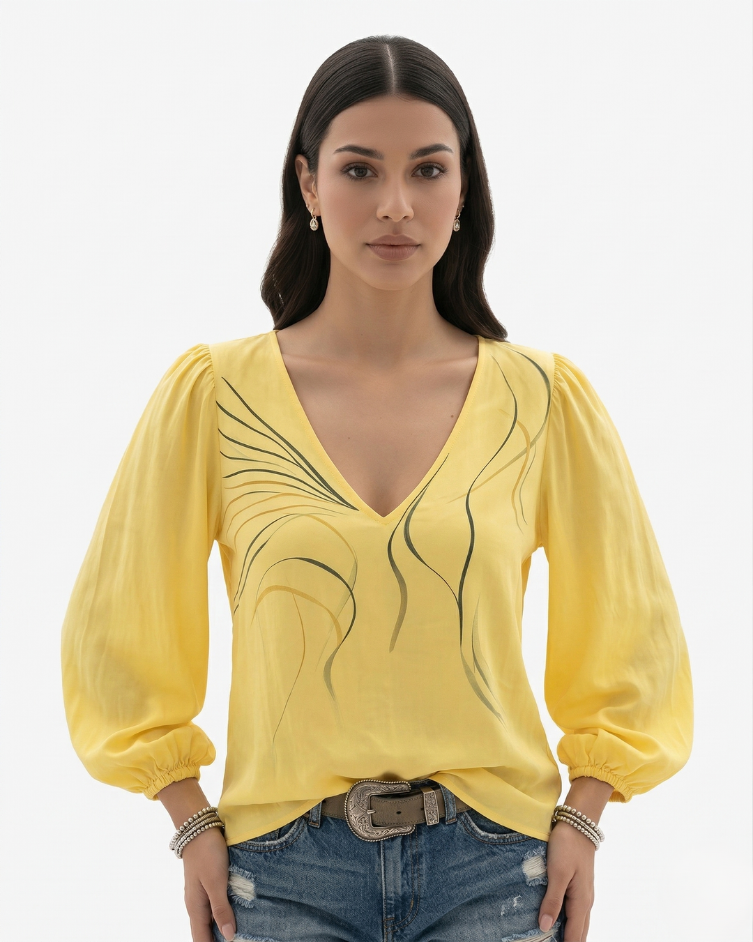 V Neck Printed Blouse Long Sleeve Puff Sleeve