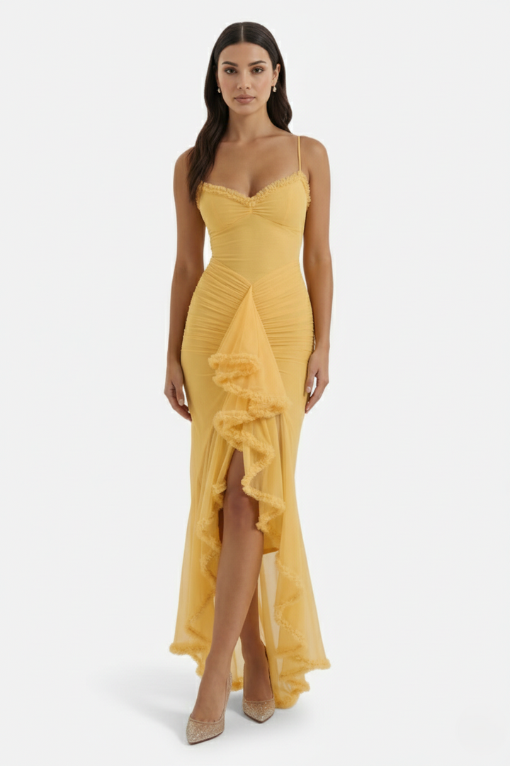 Evening Gown Ruched Mesh Ruffle Assymetrical Hem - Siopie