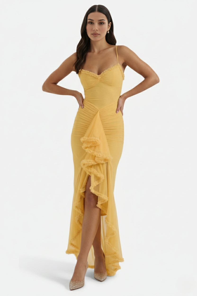 Evening Gown Ruched Mesh Ruffle Assymetrical Hem - Siopie