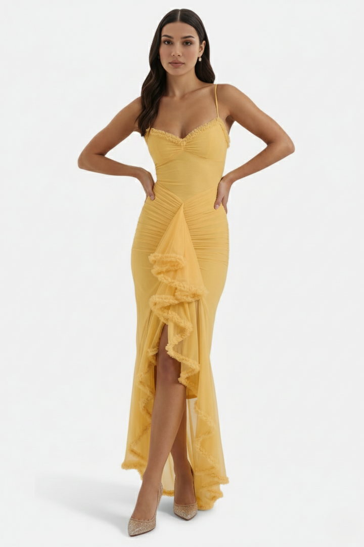 Evening Gown Ruched Mesh Ruffle Assymetrical Hem - Siopie